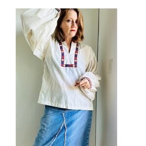 Vintage 70s Pheasant Boho blouse Size L/XL Handmade Cotton Floral Details